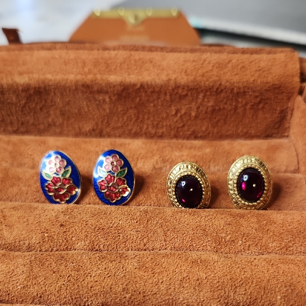 Vintage Avon Goldtone Red Stone | Blue Floral Cloisonné | Earrings Set